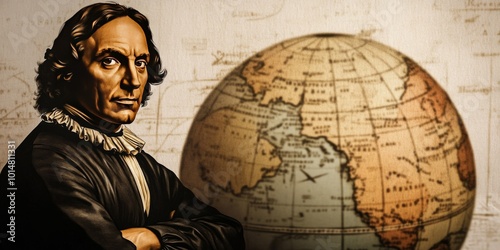 [A stylized portrait of Columbus in front of an old-fashioned globe with aged paper textures], on a white background, high resolution, high detail, masterpiece,