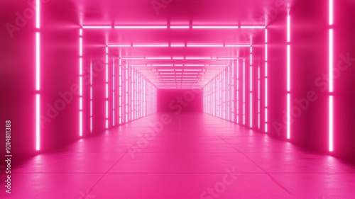 AI generated 16:9 horizontal format image of pink neon light strips in large tunnel like interior room background photo