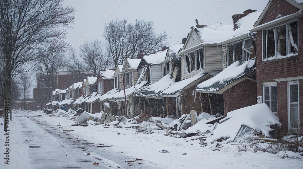 A row of suburban homes severely damaged by snow, rooftops collapsed under the weight, and windows shattered as residents assess the destruction A row of suburban homes severely damaged by snow, rooftops collapsed under the weight, and windows shattered as residents assess the destruction