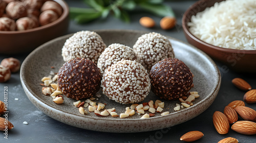 A beautifully arranged plate of dark chocolate and almond balls sits elegantly on a rustic wooden table, showcasing a delightful treat perfect for chocolate lovers. Each ball is carefully crafted, fea photo