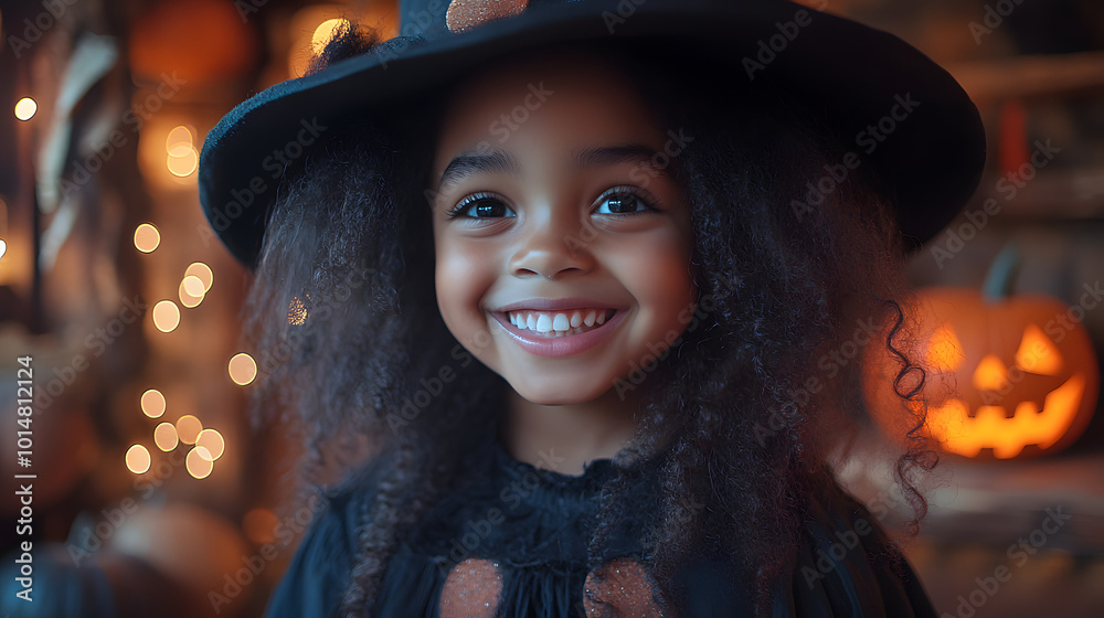 A close-up of a joyful young Black girl dressed as a witch, adorned with a playful black hat and a sparkly costume, radiating happiness and excitement during a festive Halloween celebration. Her beami A close-up of a joyful young Black girl dressed as a witch, adorned with a playful black hat and a sparkly costume, radiating happiness and excitement during a festive Halloween celebration. Her beami