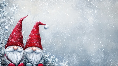 Gnomes, Silver Background, Snowflakes, Copy Space