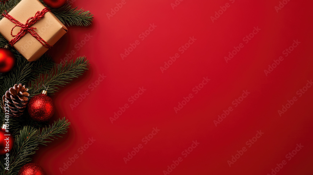 Christmas flat lay with spruce branches, red ornaments, and a gift box on a vibrant red background, evoking festive cheer and celebration. Christmas flat lay with spruce branches, red ornaments, and a gift box on a vibrant red background, evoking festive cheer and celebration.