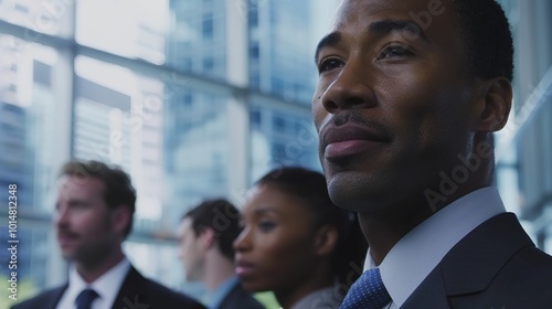 A close-up of a diverse group of professionals in business attire, standing in a modern office lobby, symbolizing the dynamic nature of the labor market. The focus is on their confident expressions an