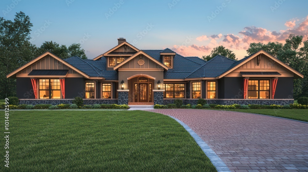 Exterior rendering of a home with coral accents in a traditional style, including dark shale and cedar details, wide windows, tan trims on the roof, a brick driveway, and a well-kept grassy front Exterior rendering of a home with coral accents in a traditional style, including dark shale and cedar details, wide windows, tan trims on the roof, a brick driveway, and a well-kept grassy front