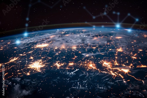 Glowing Network Connections on Earth from Space. Global Connectivity Concept with City Lights and Starry Background. photo
