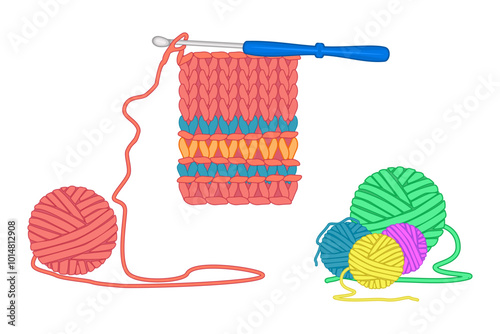 Knitwear, balls of yarn and crochet hook. Crochet handmade knitting pattern, color yarn coil, hook. Symbol of hobby, needlework, homework.Tools for knitwork, handicraft, crocheting.Vector illustration