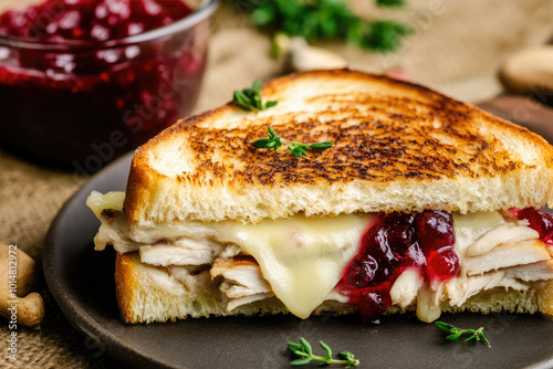 Thanksgiving Turkey Cranberry Grilled Cheese, a savory sandwich combining melted cheese, turkey, and cranberry sauce for a festive twist.