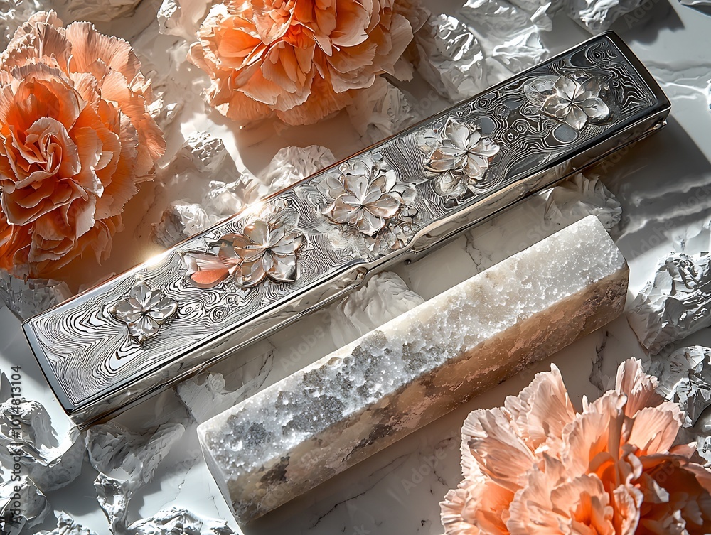 Damascus steel open razor with a hollow grind blade resting beside a ...