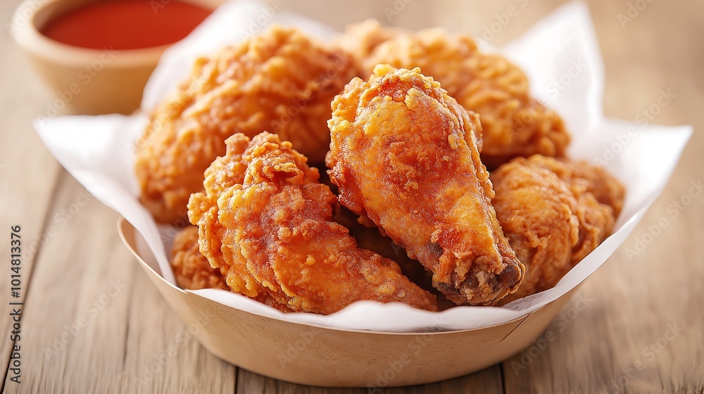A close-up of fried chicken wings in a golden-brown hue, dusted with cornstarch and drizzled with honey sauce A close-up of fried chicken wings in a golden-brown hue, dusted with cornstarch and drizzled with honey sauce