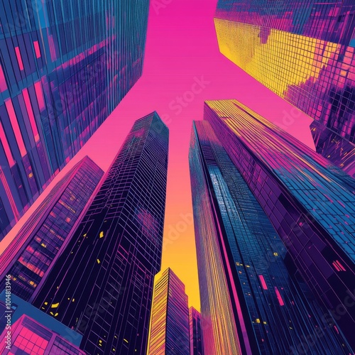 Vibrant Cityscape with Modern Skyscrapers at Sunset Featuring Bold Colors and Futuristic Architecture