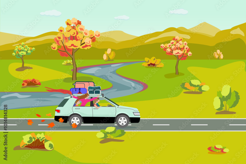 Fototapeta premium a family with children travels by car in the autumn season, along the highway against the backdrop of a plain, river, and mountains. On the trunk of the car there is a suitcase, a sports bag, a tent.