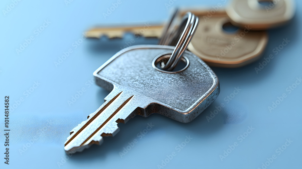 A striking photo featuring a set of golden house keys elegantly displayed on a keychain, set against a vibrant blue background. The keys glisten in the light, showcasing their polished surfaces and in A striking photo featuring a set of golden house keys elegantly displayed on a keychain, set against a vibrant blue background. The keys glisten in the light, showcasing their polished surfaces and in