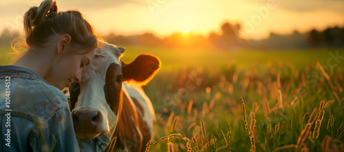 Peaceful moment between a young woman and a cow at sunset in a serene countryside, International Day of Rural Women