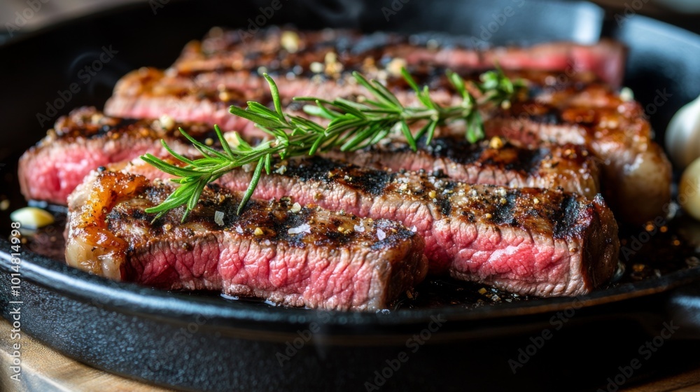Juicy Grilled Steak with Fresh Herbs on Cast Iron Juicy Grilled Steak with Fresh Herbs on Cast Iron