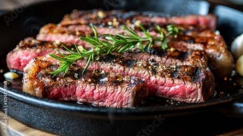 Juicy Grilled Steak with Fresh Herbs on Cast Iron