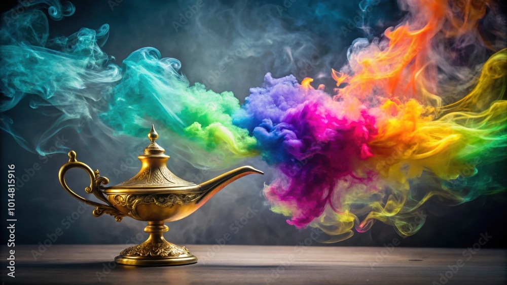 Genie of the lamp surrounded by colorful smoke on grey background, genie, lamp, smoke, mystical, magical Genie of the lamp surrounded by colorful smoke on grey background, genie, lamp, smoke, mystical, magical