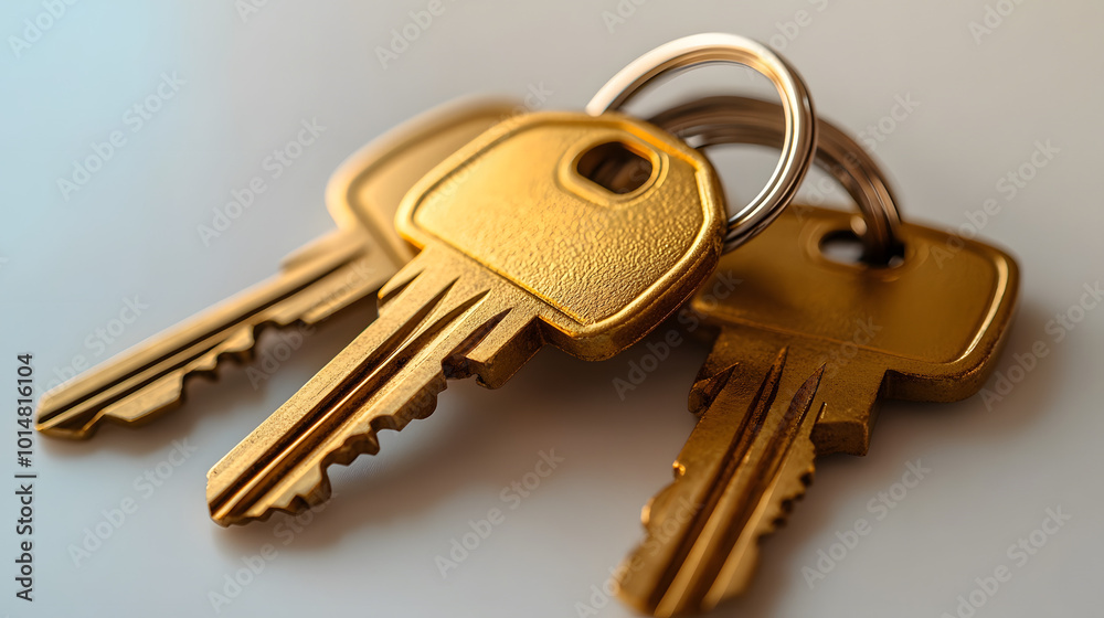 Golden house keys on a pristine white background, symbolizing real estate opportunities and new beginnings. The keys glimmer under the light, representing the excitement of home ownership and the prom Golden house keys on a pristine white background, symbolizing real estate opportunities and new beginnings. The keys glimmer under the light, representing the excitement of home ownership and the prom