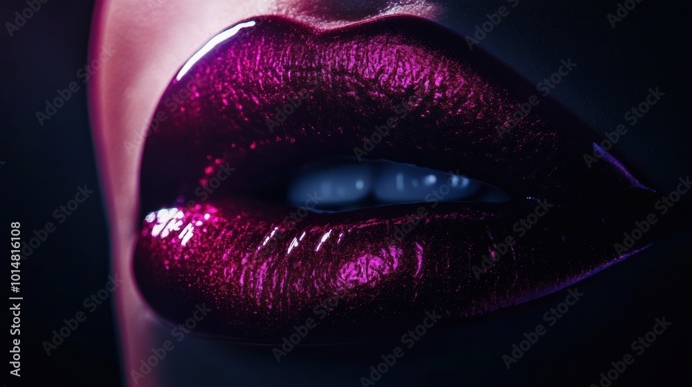 Glossy close-up of vibrant lips showcasing a shiny finish illuminated against a dark backdrop. Generative AI Glossy close-up of vibrant lips showcasing a shiny finish illuminated against a dark backdrop. Generative AI