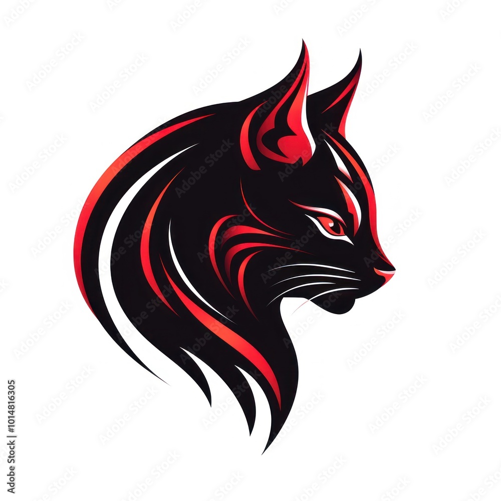 Cat on White Background. Black and Red colors