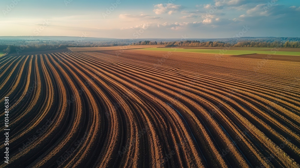 Naklejka premium Aerial view of plowed agricultural fields exhibiting beautiful patterns under a clear sky, highlighting farming and land management.