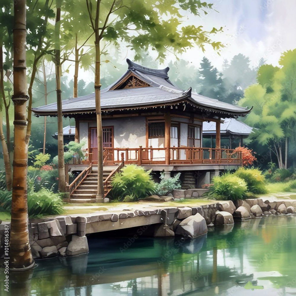 Watercolor painted illustration of imagine house in wild. Watercolor painted illustration of imagine house in wild.