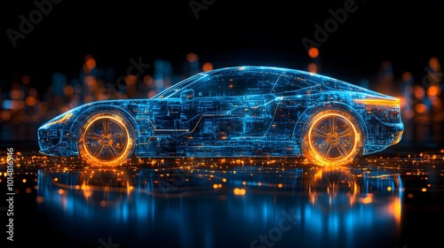 Futuristic car poster with glowing lights and a high-tech cityscape in the background