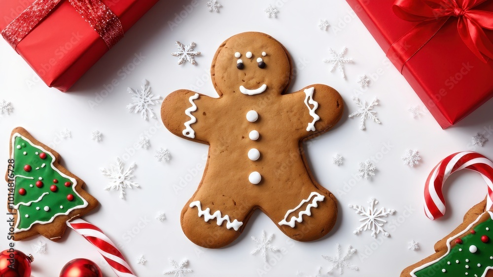 A festive gingerbread man surrounded by holiday decorations and gifts.