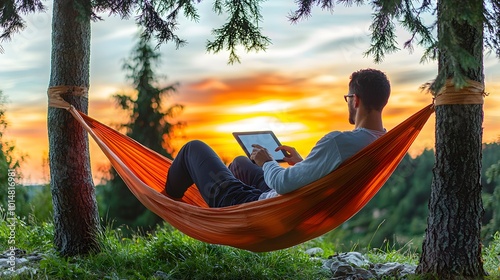 Relaxing Digital Nomad in Hammock at Sunset