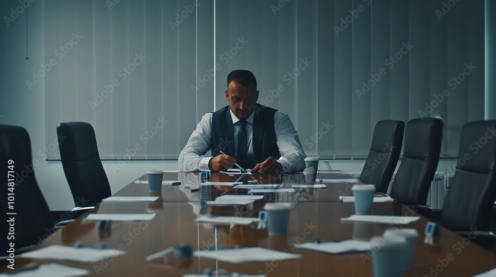Man sitting alone at large empty conference table with sad expression, symbolizing corporate breakup amidst scattered documents and half-empty coffee cup. Man sitting alone at large empty conference table with sad expression, symbolizing corporate breakup amidst scattered documents and half-empty coffee cup.