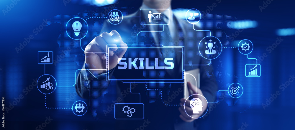 Skills education and personal development concept. Businessman pressing button on screen. Skills education and personal development concept. Businessman pressing button on screen.
