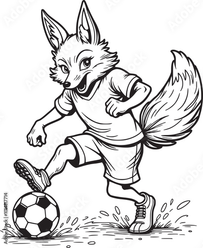 Coloring illustration of cartoon wolf playing soccer football. Champion or winner of football game vector coloring page for kids.