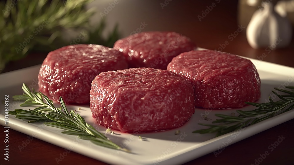 A photo of fresh ground beef for hamburgers, 4 steaks cut into patty shapes on a table with a white plate and rosemary leaves A photo of fresh ground beef for hamburgers, 4 steaks cut into patty shapes on a table with a white plate and rosemary leaves