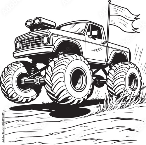 Ultimate monster truck jump, a thrilling coloring page of a powerful truck leaping over cars with a roaring engine and waving flag
