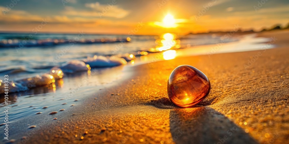 Amber stone on sandy seashore with gentle sea waves and warm sunlight reflecting off the water, amber, stone, sandy