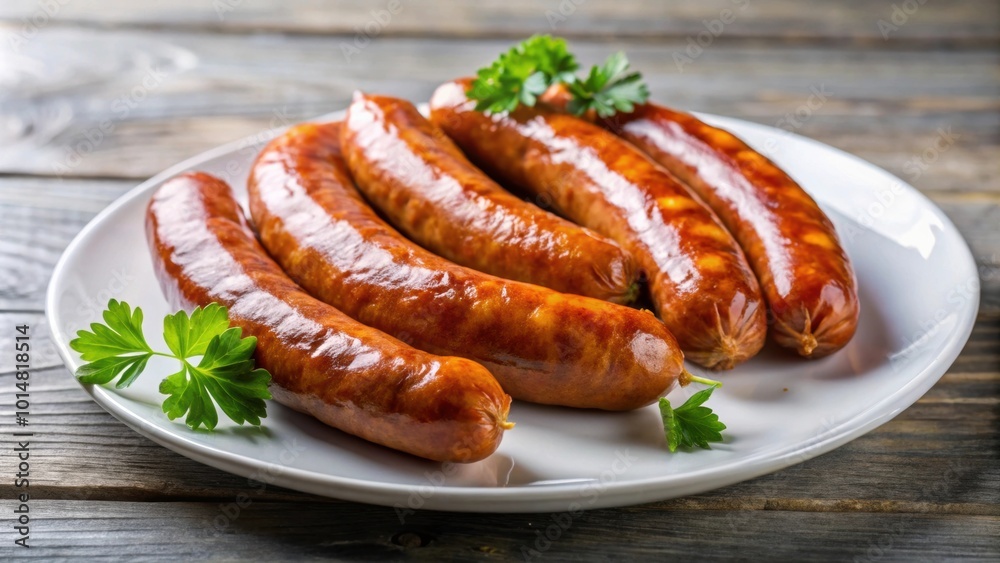 Maple smoked link sausage on a white plate, food, sausage, maple, smoked, link, breakfast, meat, grilled, delicious, tasty