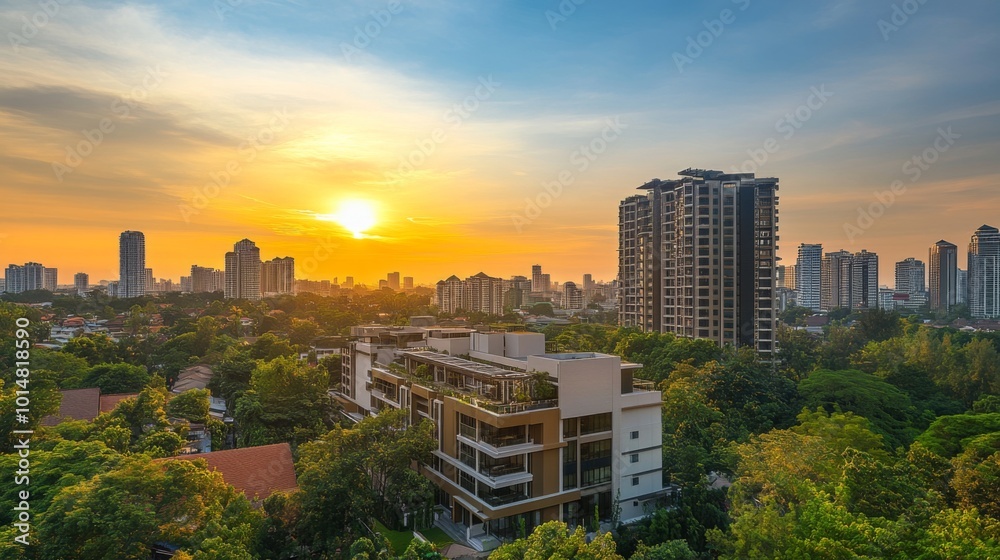 Obraz premium Sunset Over Cityscape with Modern Architecture