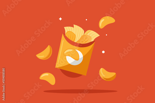 Crispy ripple potato chips flying into pack stock vector illustration