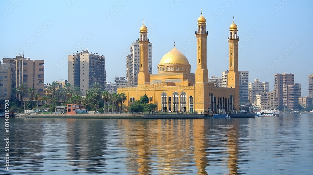 Obraz premium A grand Islamic mosque with tall minarets and a large golden dome reflecting the cultural heritage