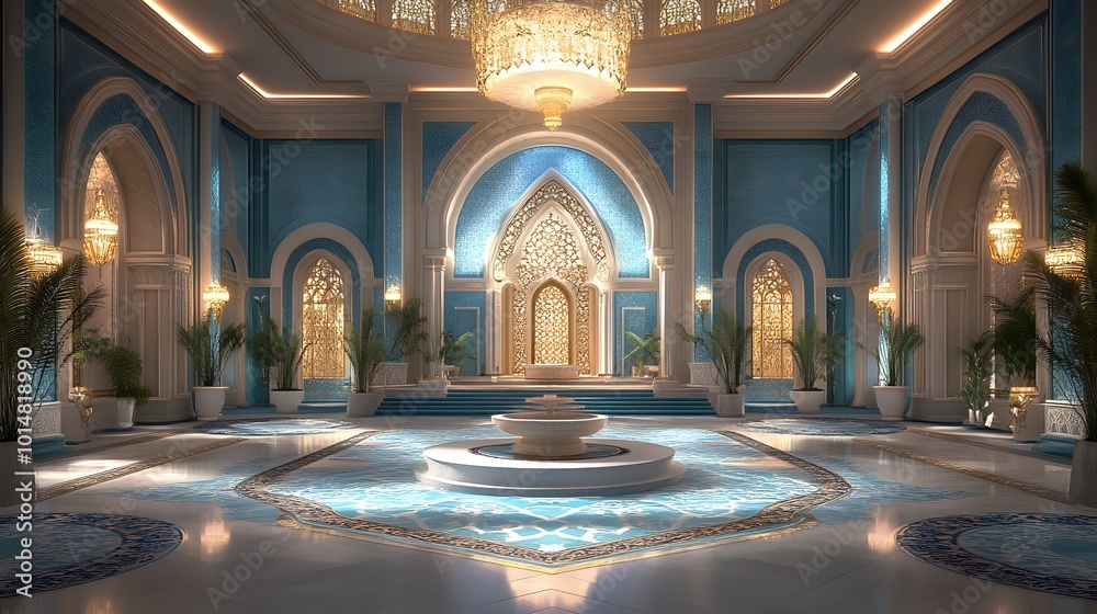 Obraz premium Islamic mosque interior with ornate chandeliers, prayer rugs, and intricate designs