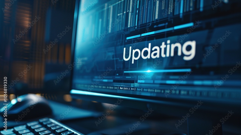 Close-up of computer screen showing software update progress bar with Close-up of computer screen showing software update progress bar with