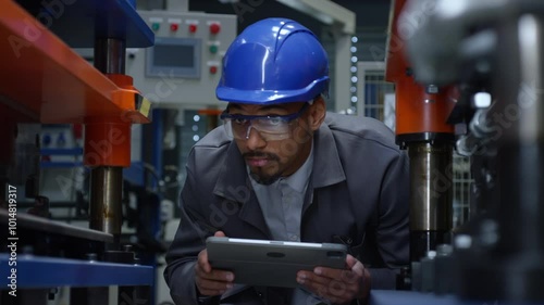 African American engineer with a blue helmet holding a tablet while checking and controlling working machine parts and tools, close up shot.