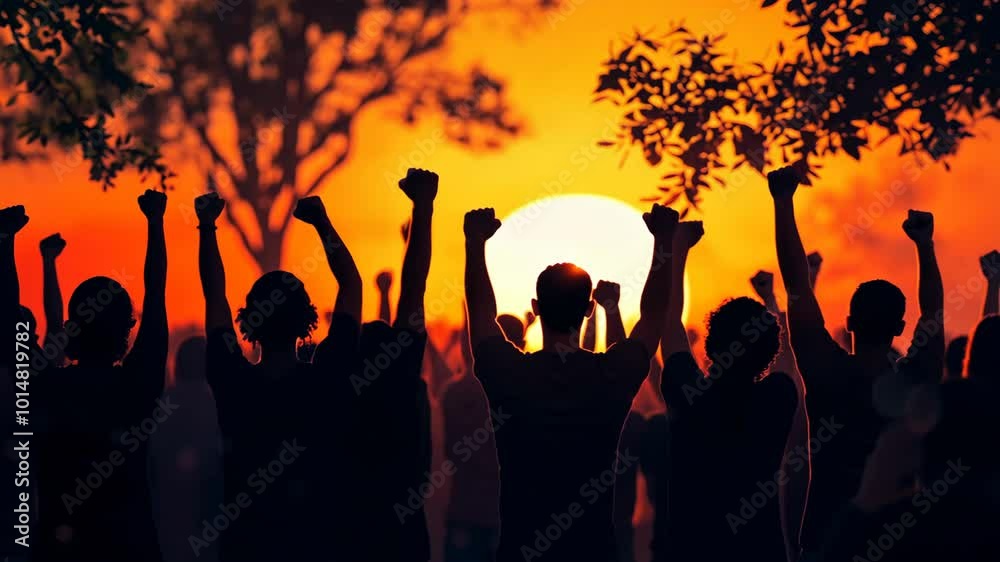 A crowd of people raise their fists in the air against a setting sun, a powerful image of unity and defiance A crowd of people raise their fists in the air against a setting sun, a powerful image of unity and defiance