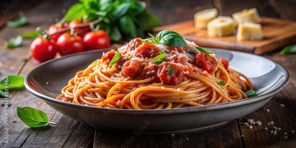 Amatricana pasta dish with rich tomato sauce, fresh basil, and Parmesan cheese, Italian cuisine, pasta, Amatricana Amatricana pasta dish with rich tomato sauce, fresh basil, and Parmesan cheese, Italian cuisine, pasta, Amatricana