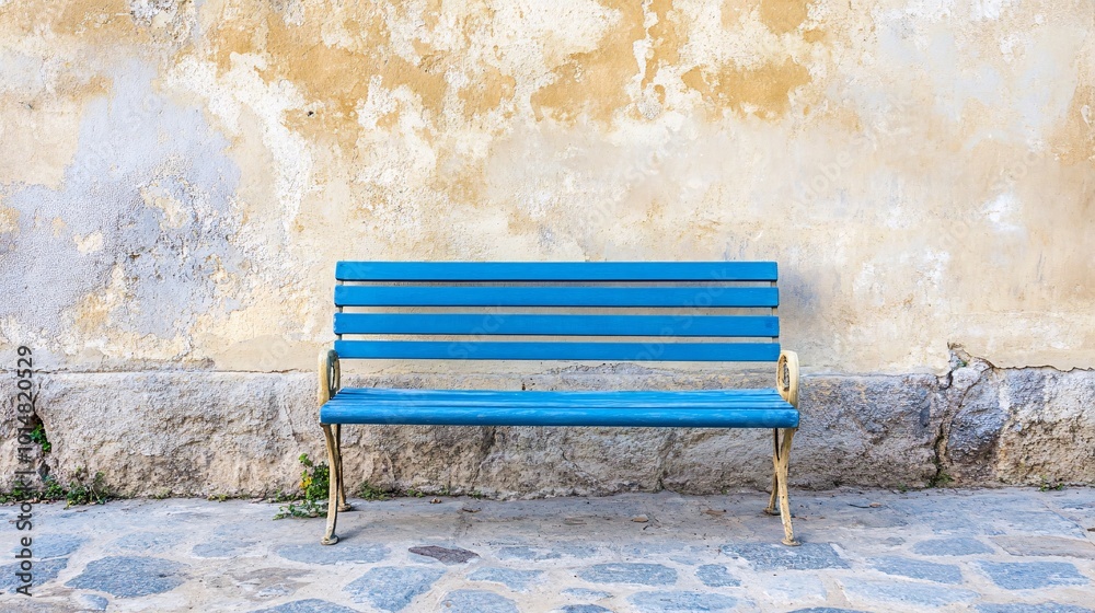 Minimalistic scene with a blue bench against a wall and stone floor Minimalistic scene with a blue bench against a wall and stone floor