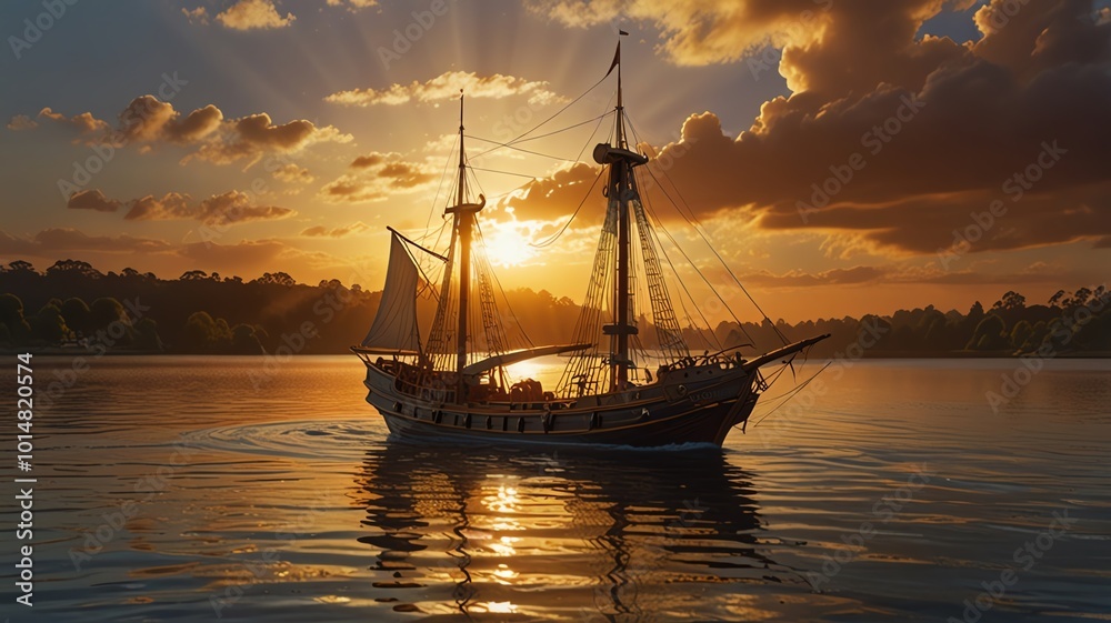 Sailboat at sunset with golden sky and calm water. Sailboat at sunset with golden sky and calm water.