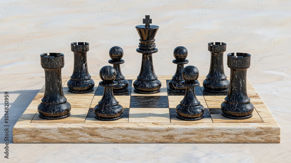 A detailed chess set with black pieces arranged on a wooden board, highlighting strategic possibilities in a classic game. A detailed chess set with black pieces arranged on a wooden board, highlighting strategic possibilities in a classic game.