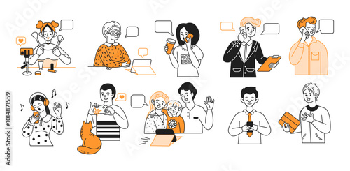 Diverse people using modern devices color line vector icon set. Group of adults enjoying opportunity of gadgets characters collection