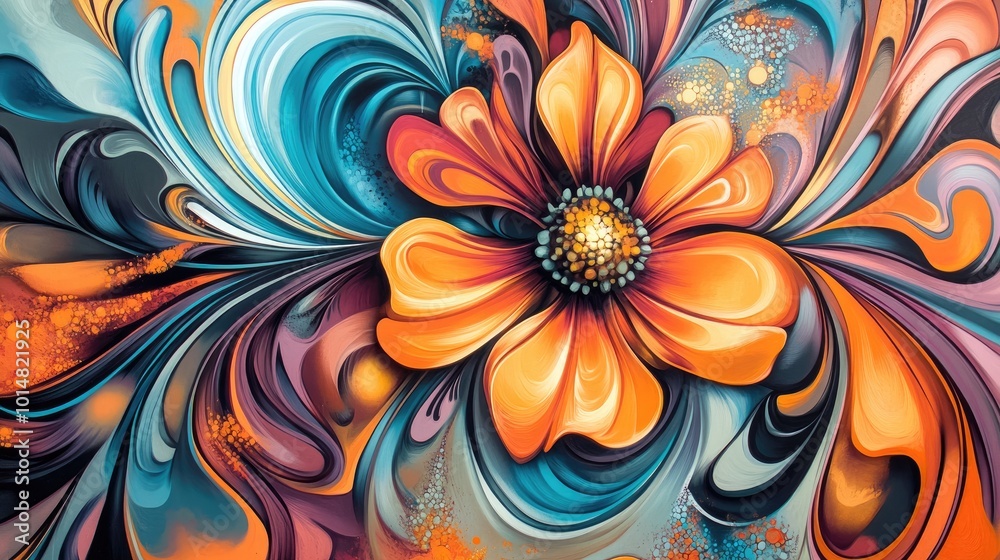 A bold abstract floral design with a blooming flower at the center, surrounded by swirling patterns in vivid, contrasting colors A bold abstract floral design with a blooming flower at the center, surrounded by swirling patterns in vivid, contrasting colors