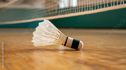 A single shuttlecock lies on the wooden floor of a badminton court. photo